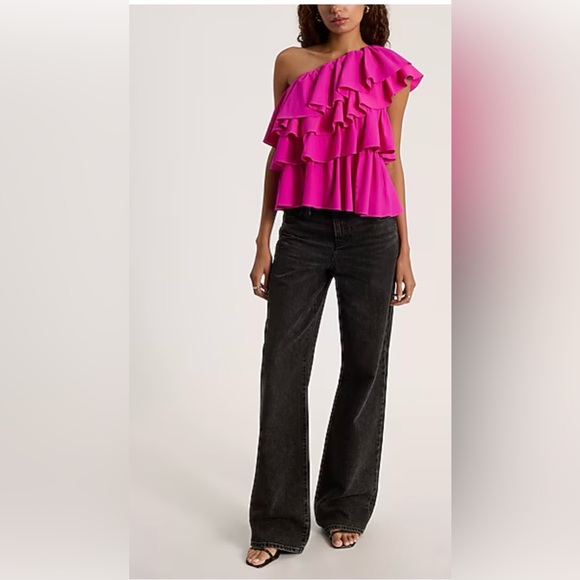 Express Pink Ruffle One-Shoulder Top - Picture 1 of 4